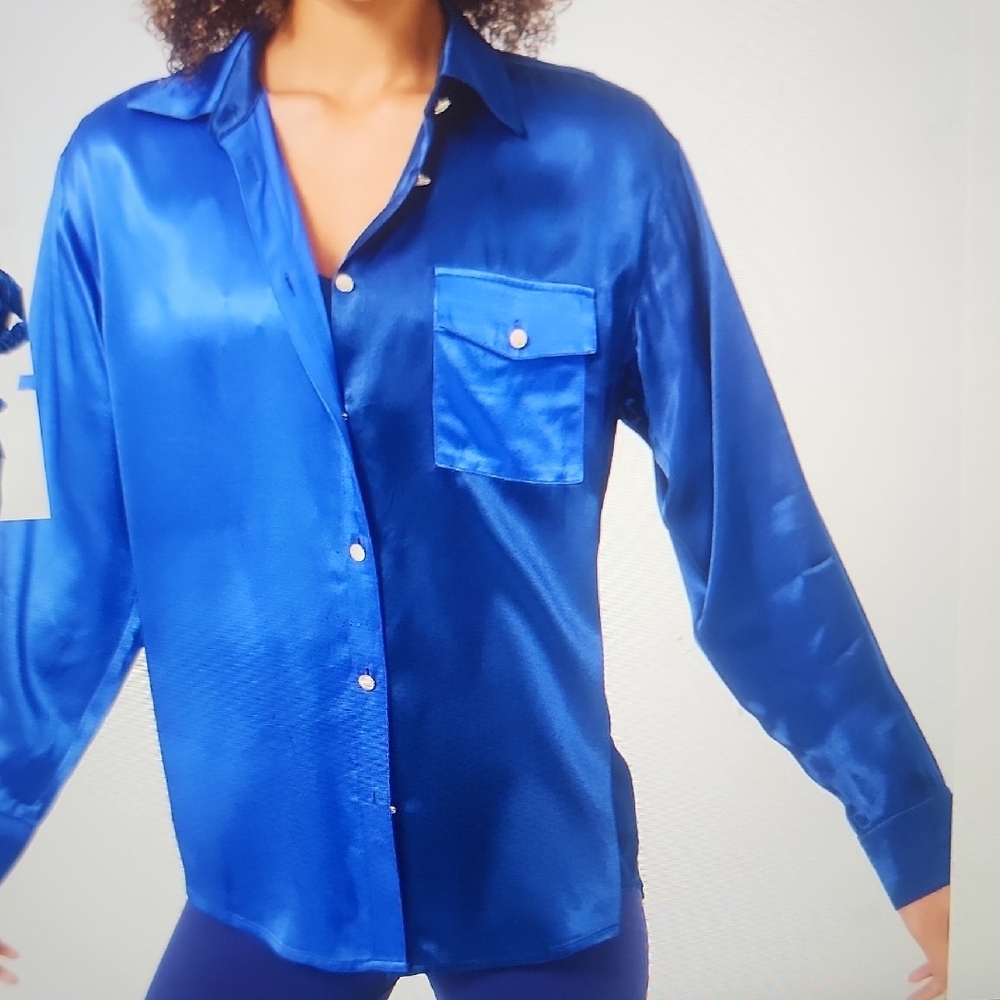 Terez Electric Blue and Navy Silk Colorblock Button Down Size S $248
